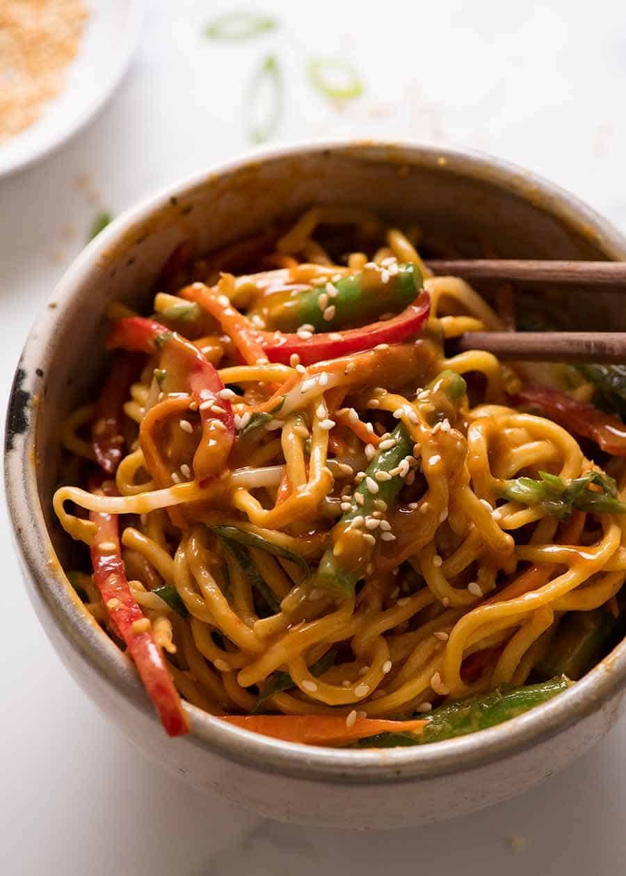Noodle Salad with creamy Peanut Sesame Dressing in a bowl, ready to be eaten