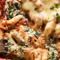 Close up of Spinach Ricotta Pasta Bake fresh out of the oven, ready to be served