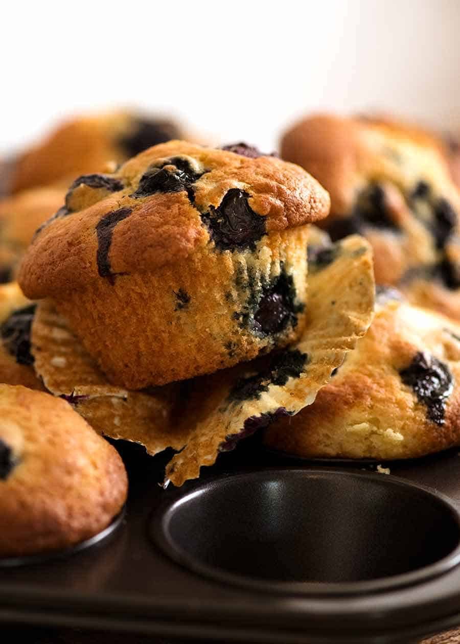 Close up of Blueberry Muffins fresh out of the oven