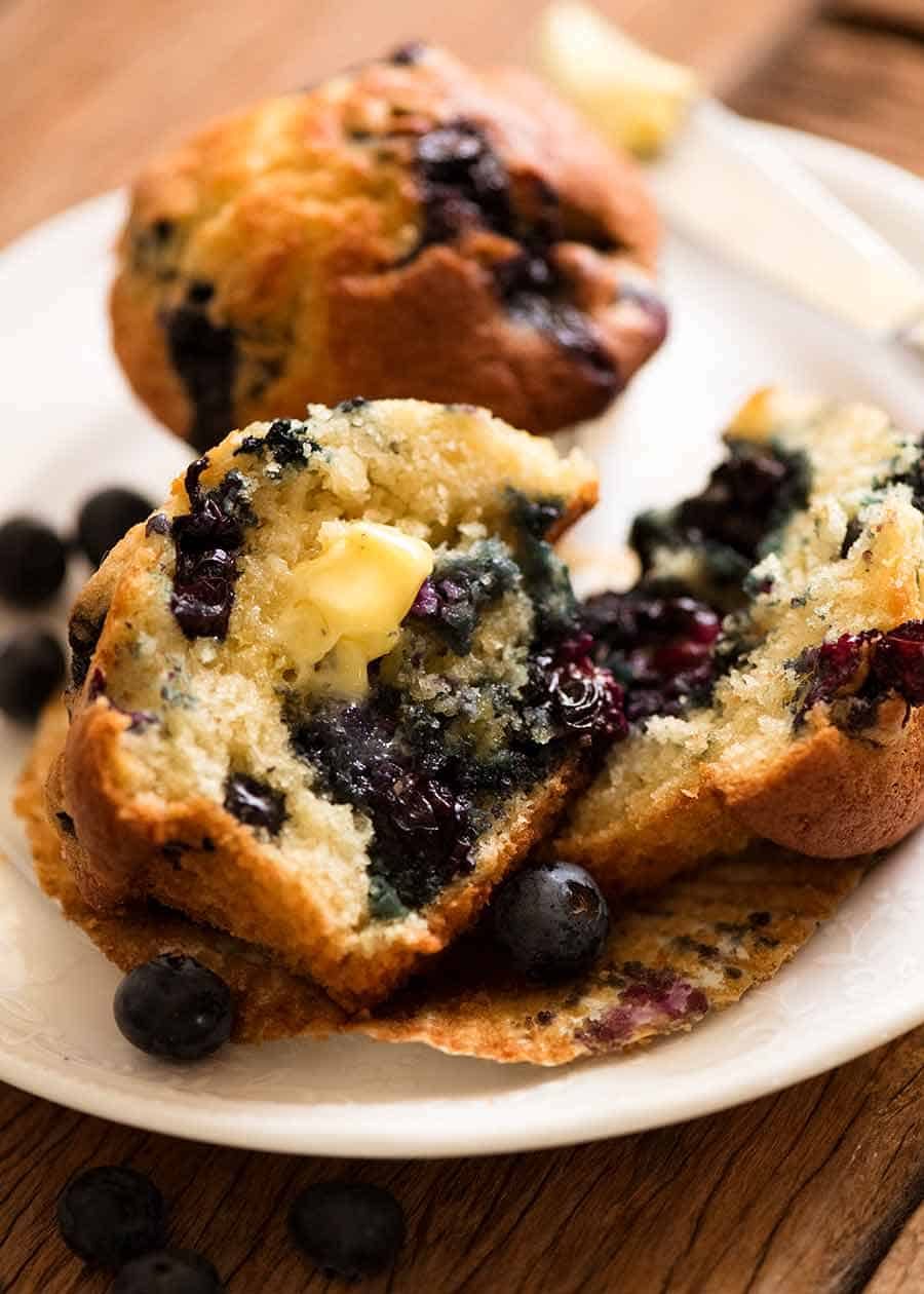 Cut open Blueberry Muffins showing the inside`