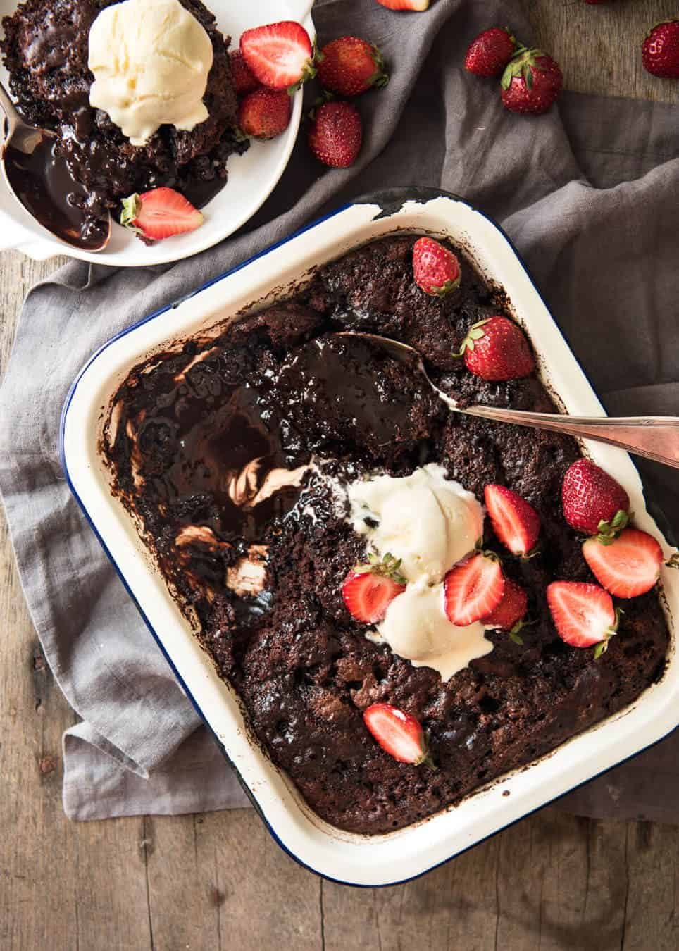 Chocolate Self Saucing Pudding - 1 batter transforms into a moist chocolate cake with a beautiful silky chocolate sauce! 10 minutes active effort. www.recipetineats.com