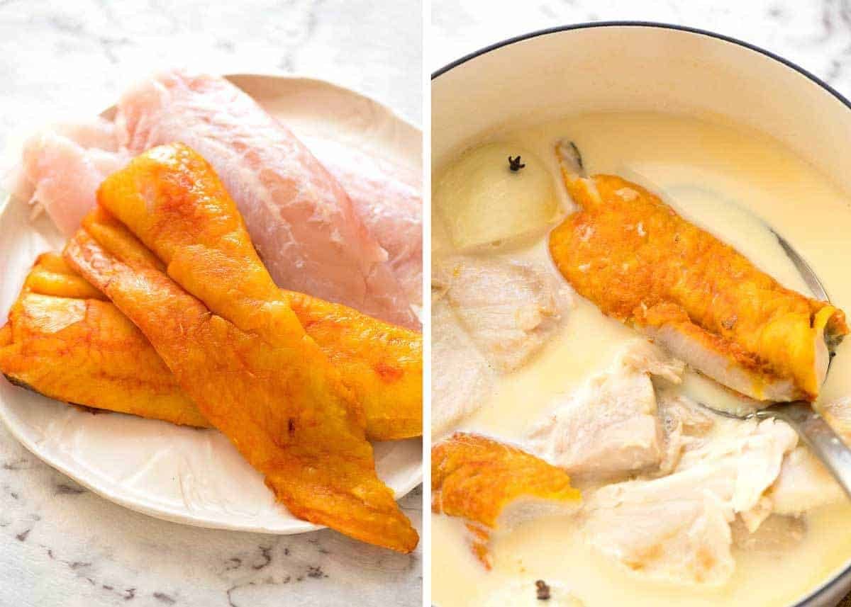 Fish poaching in milk for Fish Pie