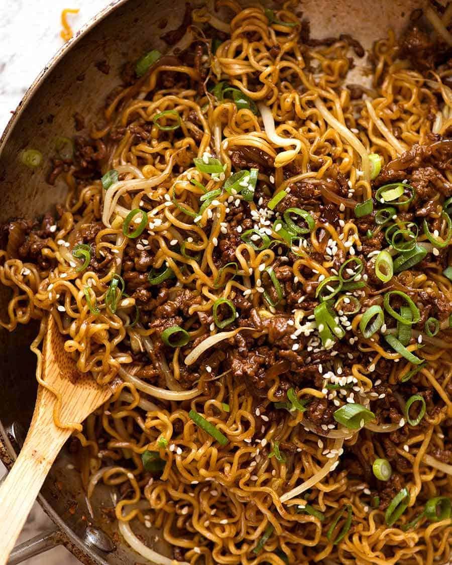 Quick Quick Asian Beef Ramen Noodles (ground beef) in a skillet, fresh off the stove