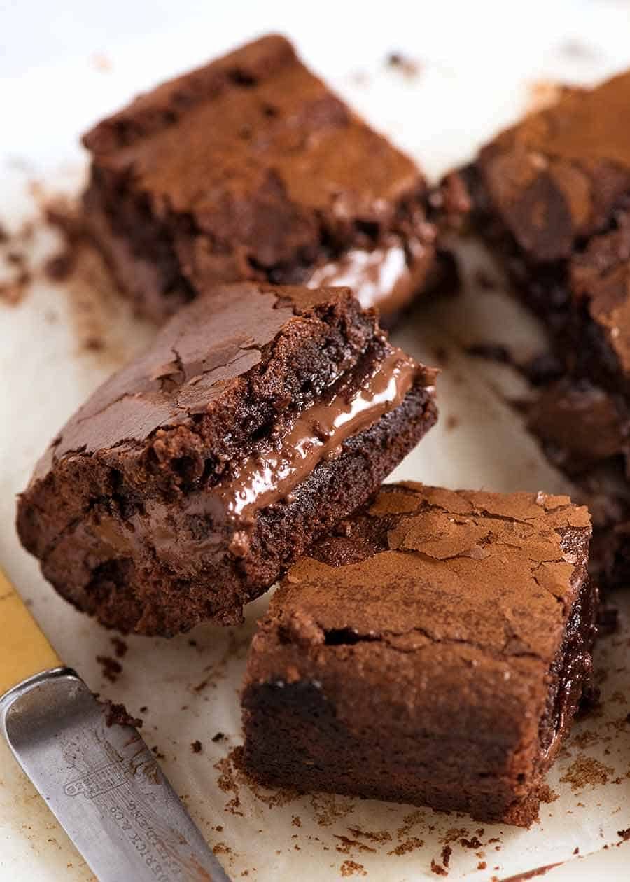 Close up of slice of Outrageous Nutella Brownies