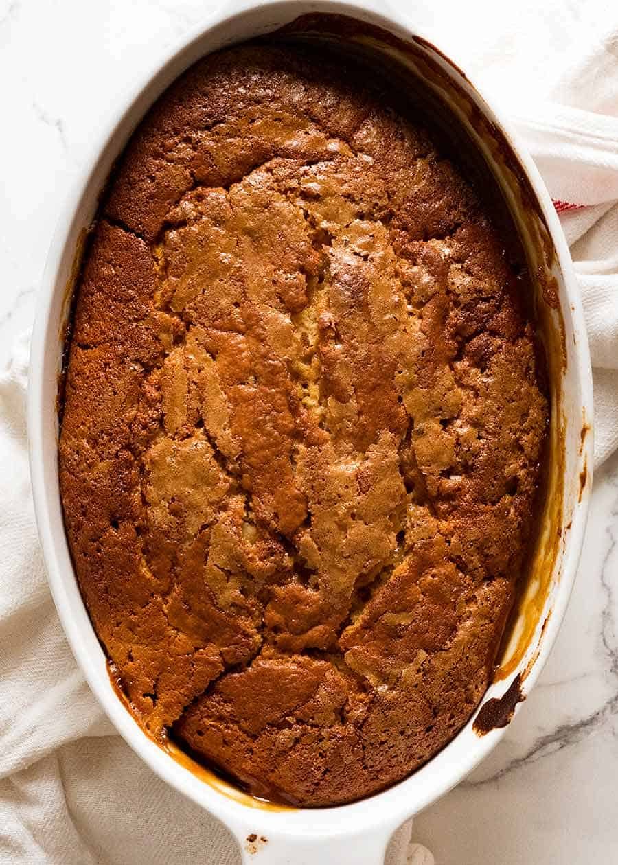 Overhead photo of Self Saucing Butterscotch Pudding, fresh out of the oven