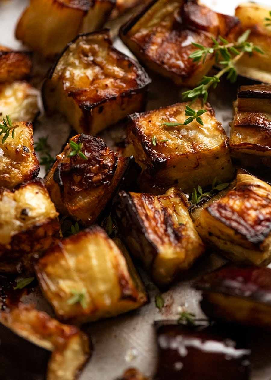 Close up of Oven Roasted Eggplant with caramelised edges