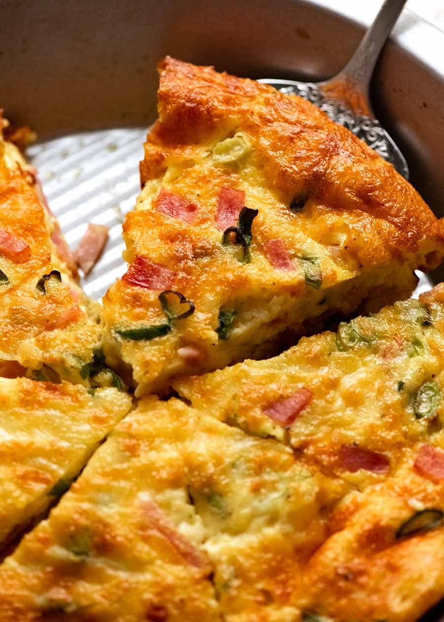 Crustless Quiche in a pie pan, fresh out of the oven