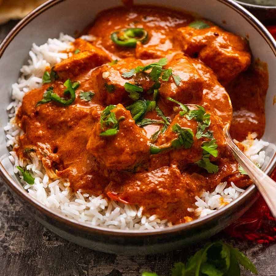 Goan Fish Curry in a bowl served over rice