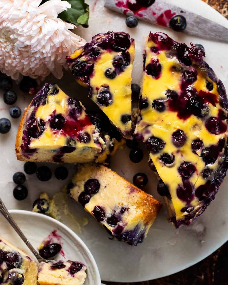 Blueberry Custard Cake on a plate ready to be served